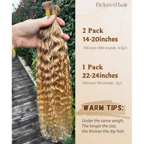 27P613 Curly I Tip Hair Extensions Human Hair Water Wave Cold Fusion Itip Flawless Microlinks Hair Extensions Invisible Blends Naturally Individual Strands for Black Women 50G Brown to Blonde 28inch