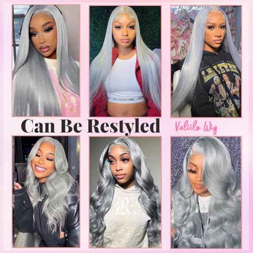 Grey Lace Front Wig 13x6 Silver Grey Wig Human Hair Pre Plucked Straight Lace Front Wigs Human Hair 24 Inch Glueless HD Lace Wig Colored