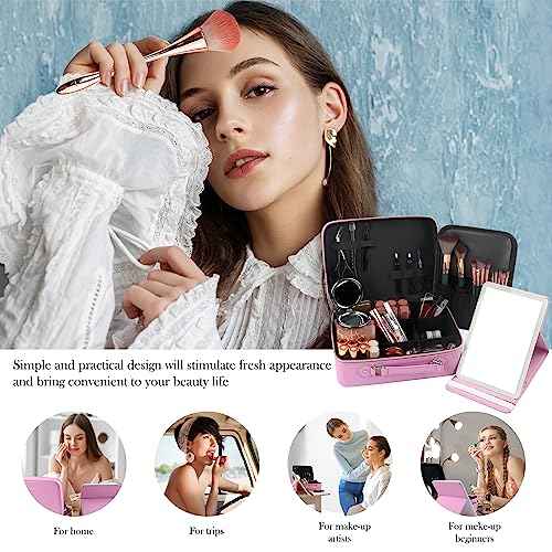 Travel Makeup Bag with Light-up Mirror Portable Cosmetic Organizer Train Case with Adjustable Dividers & Brushes Holder &1X/10X Magnifying Compact Mirror & Eyebrow Trimmer- Pink