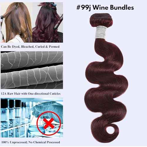 99j Dark Burgundy Body Wave Bundles Human Hair 24 Inch, 12A Soft And Shiny Red Wine Colored Bundles 100% Brazilian Virgin Remy Hair Sew In Weave Single Human Hair Bundle Chic #99j Color