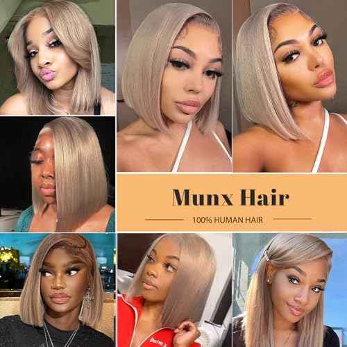 Munx 3x6 HD Lace Front Wigs 100% Human Hair Ash Blonde Bob Wig Pre Plucked 180% Density Glueless Transparent Lace Front Wig for Black Women with Baby Hair 14in Bleached Knots