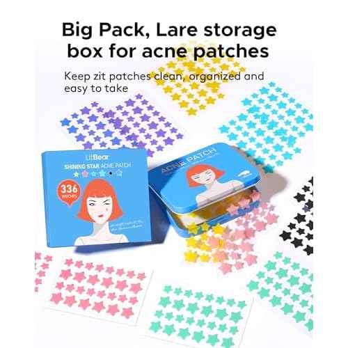 LitBear Acne Patch Pimple Patch, 6 Colors 336 Dots Star Pimple Patches with Tea Tree Oil & Centella Oil, Hydrocolloid Acne Pimple Patches for Face Cute Zit Patches Pimple Stickers Acne Dots