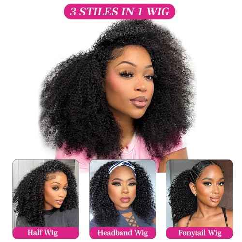Larhali Kinky Curly Half Wig Human Hair 180% Density Wear And Go Glueless Wigs Human Hair 12 Inch Curly 3 In 1 Half Wigs for Women Drawstring Seamless Flip Headband Wig Beginner Friendly