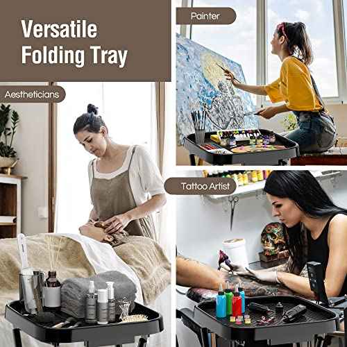 Folding Salon Tray, Salon Trolley, Salon Cart Tattoo Rolling Tray Station-Black