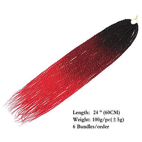 6Pack Senegalese Twist Crochet Hair 3 Tone Ombre Red Box Braids Synthetic Hair Extensions 30Roots/Pack Small Havana Twist Crochet Hair 24inch(1B/Dark Red/Red, 600g/Lot)