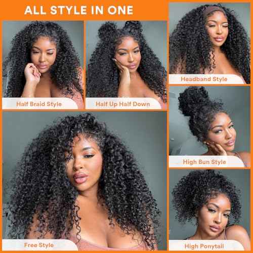 Kinky Curly Half Wig Human Hair 250% Density 20 Inch 3 In 1 Seamless Flip Over Drawstring Ponytail Headband Wig Human Hair Glueless Wear and Go 100% Human Hair Burmese Kinky Curly Half Wigs