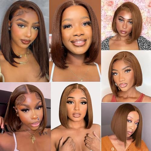 Chocolate Brown Bob Wig Human Hair Wear and Go Glueless Wigs Pre Plucked Pre Cut 4x4 Lace Closure Glueless Short Straight Bob Wigs for black women Human Hair 16 inch