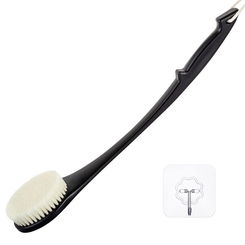 Exfoliating Shower Brush with Long Handle, 17'' Bath Body Brush for Wet or Dry Brushing, Back Scrubber with Medium Bristles – Cream White