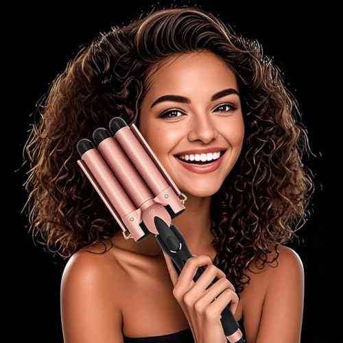 3 Barrel Curling Iron, 1 Inch Ceramic Tourmaline Hair Waver Wand with LCD Temperature Display, Fast Heating Foldable Crimpers for Travel Glove Included (Gold)