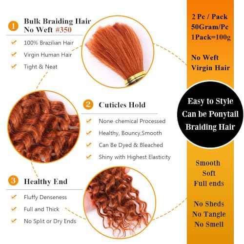 QTHAIR Water Wave Bulk Human Hair For Braiding, 16A, No Weft, 100% Unprocessed Brazilian Water Wave Virgin Hair, 2 Bundles, Micro Braiding (#350(Ginger), 22"-100g, Curly)