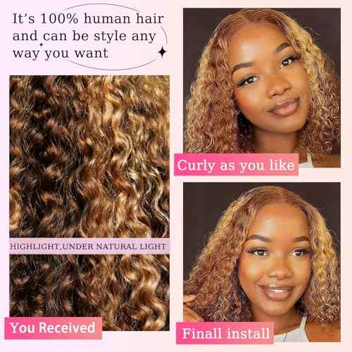 Bob Wig Human Hair Highlight Ombre 13x6 Frontal Lace Wig Deep Curly Virgin Human Hair Wig Pre Plucked HD Transparent Lace Frontal Wigs for Women 14 Inch