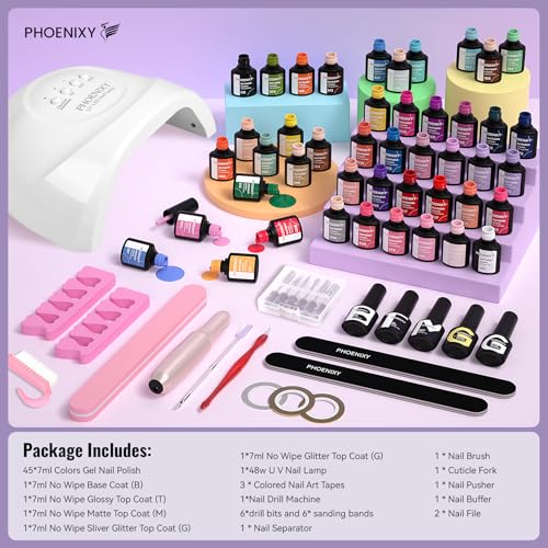 PHOENIXY 63 Pcs Gel Nail Polish Kit with U V light and Drill, 50 Pcs Gel Polish with 5 Pcs Base Top Coat Manicure Starter Nail Polish Set Christmas Gifts for Women ST9017