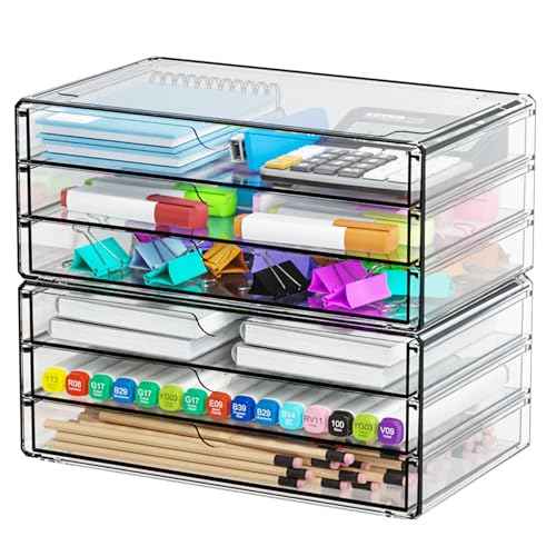 Yieach 2 Pack Acrylic Storage Drawers With 6 Drawers,Stackable Desk Organizer and Makeup Organizer,Large Clear Office Supplies Organizer for Pen,Stationary,Palettes,Arts Craft Organizers and Storage