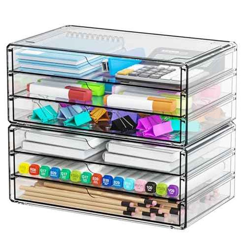 Yieach 2 Pack Acrylic Storage Drawers With 6 Drawers,Stackable Desk Organizer and Makeup Organizer,Large Clear Office Supplies Organizer for Pen,Stationary,Palettes,Arts Craft Organizers and Storage
