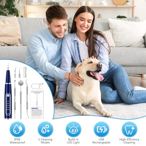 Plaque Remover for Teeth, Teeth Cleaning Kit with LED Light and 5 Adjustable Modes Teeth Cleaner, Blue
