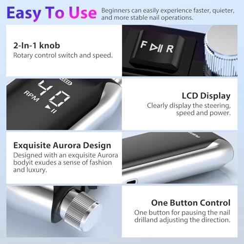 Professional Nail Drill 40,000 RPM, Rechargeable,LCD Display E File Machine for Acrylic Nails Gel Polishing Removing Portable Nails Efile Tools for Manicure Salon & Home (Silver)