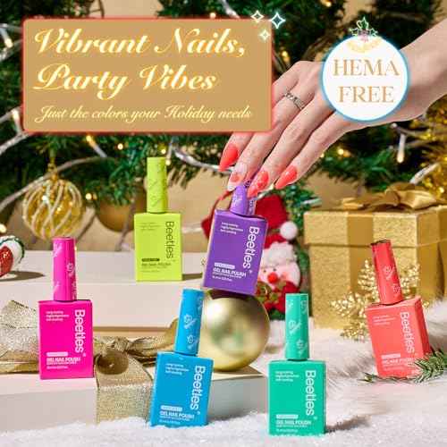 Beetles Christmas Gel Nail Polish Set with Mini LED Nail Lamp Purple Red Green Yellow Gel Polish with Base Top Coat Nail Art Brushes Salon DIY Gift Basket for Women