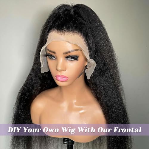 13x6 Frontal Kinky Straight HD Lace Frontal Human Hair Transparent HD Lace Yaki Straight Frontal Closure 100% Human Hair Ear to Ear Lace Frontal Natural Black Color 14 Inch 150% Density