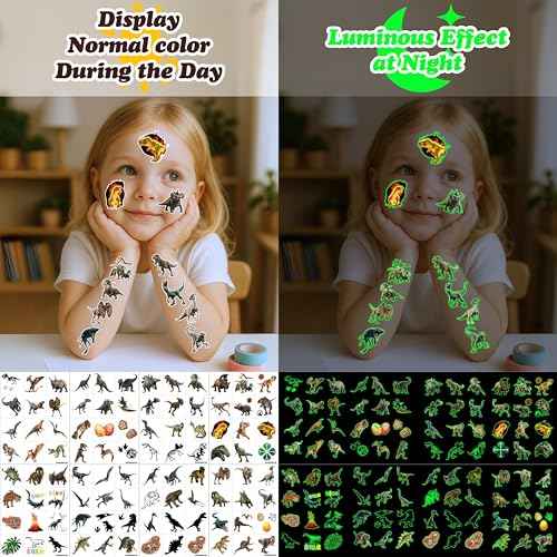 96PCS Dinosaur 3D Pre-Cut Temporary Tattoos - Stickers for Birthday Party Supplies, Decorations, and Favors - Super Cute Gifts for Kids, Boys & Girls, Classroom Prizes, and Themed (Glow in the Dark)