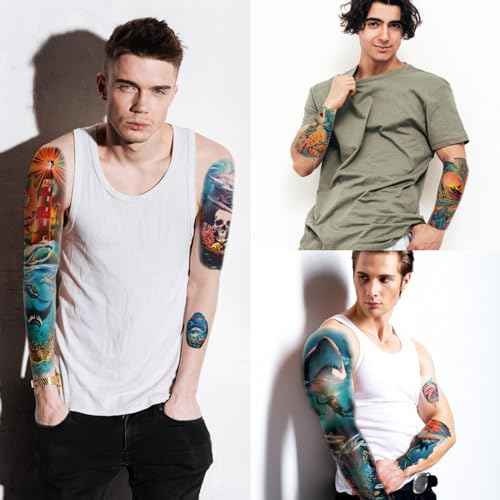 46 Temporary Tattoo for Men Women, 8 Full Arm Shark Dolphin Fake Tattoos, 8 Half Arm Ocean Fish Fake Tattoos, 30 Tiny for Adults Kids Body Tattoos Stickers Waterproof Realistic