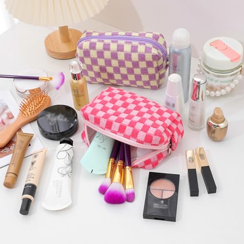 12 PCS Checkered Makeup Bag Cosmetic Bag for Women Checkered Pouch Plaid Makeup Bag for Women Large Capacity Pencil Case Makeup Brushes Storage Bag Travel Toiletry Bag Organizer