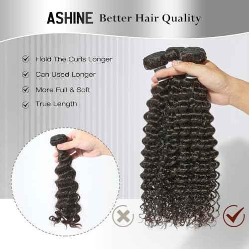 ASHINE Human Hair Bundle Deep Curly Water Wave, Unprocessed Cambodian Raw Hair 16 Inch, Flip Over Quick Weave Wet and Wave Bundles for Women Natural Black