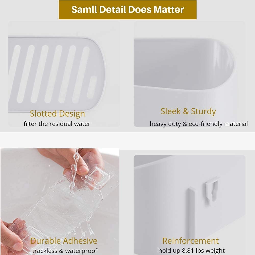 SUNFICON Adhesive Shower Caddy Wall Mounted Bathroom Shelf Organizer Storage Rack No Drilling Shower Shelf Bath Essentials Shampoo Spice Holder 2 Clear Adhesives for Shower Room Bathroom Kitchen White