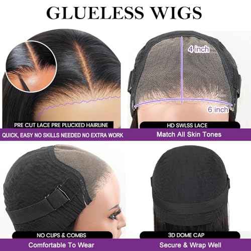 Body Wave Glueless Wig Human Hair Pre Plucked Pre Cut Glueless Lace Front Wig Ready to Wear 6x4 Body Wave Closure Wig Human Hair 180% Density Body Wave Pre Plucked Wig Natural Hairline 18 Inch