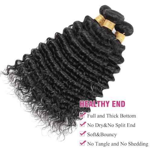 Human Hair Bundles Deep Wave Brazilian Virgin Human Hair 3 Bundles Deals 12 14 16inch 100% Unprocessed Brazilian Deep Wave Curly Bundles Weaves for Black Women Nature Black