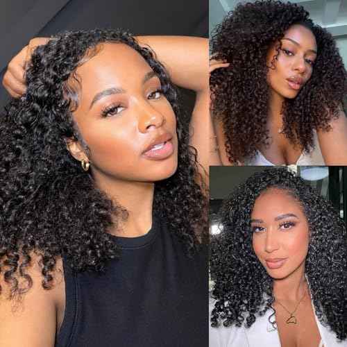 Half Wig Human Hair Kinky Curly Flip Over Wig 230% Density with Drawstring Seamless Clips Glueless Natural Black Ready to Wear Wigs for Women 16 Inch
