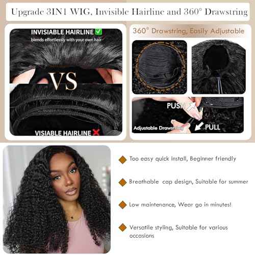 LESLY 26 Inch Kinky Curly Half Wig Human Hair 200 Dnsity 3 IN 1 Half Wig Seamless Clip Ins Flip Over Drawstring Glueless Wigs Beginner FriendlyHeadband Wig For Women.