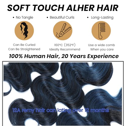 ALHER #1B/BlueBody Wave 13x4 Lace Frontal Human Hair, Black Mix Blue HD Transparent Lace Frontal Closure Ear to Ear 100% Virgin Remy Human Hair for Black Women 150% Density 16 Inch