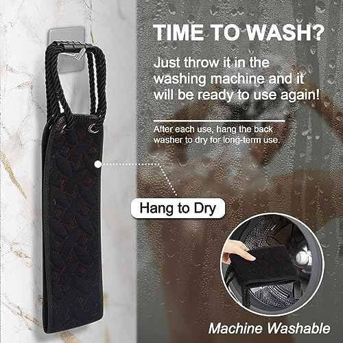 Exfoliating Back Scrubber for Use in Shower, 38.5 Inch Back Washer with Handles, Dual-Sided Body Exfoliator for Daily & Deep Skin Cleaning, Bath Back Scrub Washcloth for Men & Women (Black)