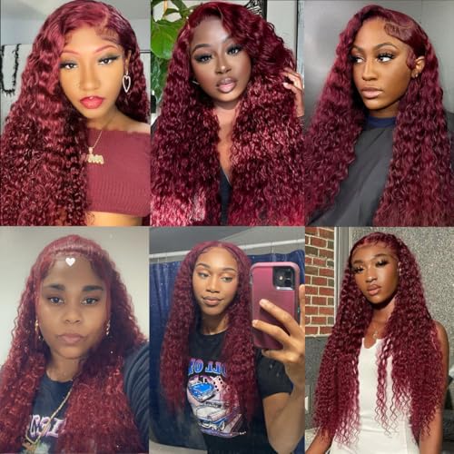 99j Burgundy 13x4 Lace Front Wigs Human Hair Deep Wave HD Transparent Lace Frontal Wig Human Hair 180% Density Glueless Wigs for Women (16inch)