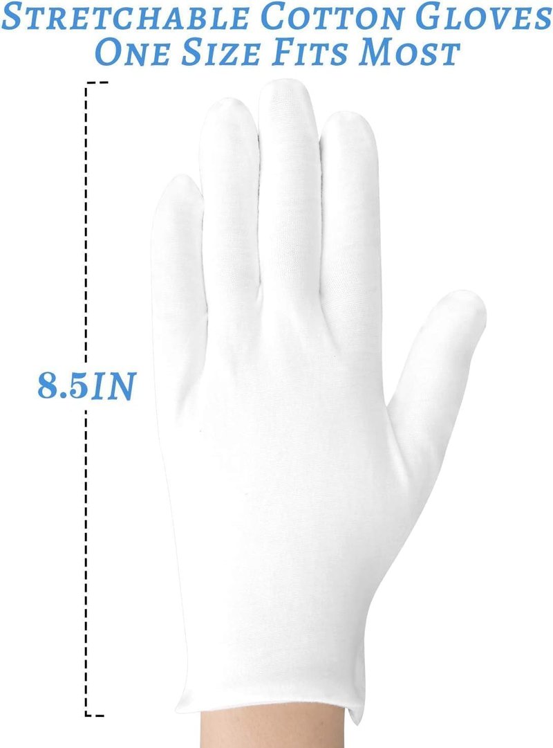 White Gloves, 6 Pairs(12 Pcs) Thinck Cotton Gloves for Dry Hands Sleeping, Moisturizing Gloves Spa Eczema Overnight, Work Gloves for Coin Jewelry Service
