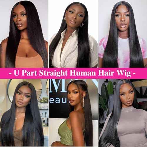 200% Density U Part Human Hair Wigs, Upgrade U Part Wigs With Drawstring No Glues Straight Human Hair Full Head Clip In Half U Shape Wigs For Women, Beginner Friendly,Natural Black Color(16 inch)
