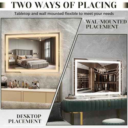 ROLOVE 32x 22 Inch Large Lighted Vanity Mirror with Dimmable 3 Modes, LED Makeup Mirror for Bathroom £¦ Dressing Room, Tabletop or Wall-Mounted, White