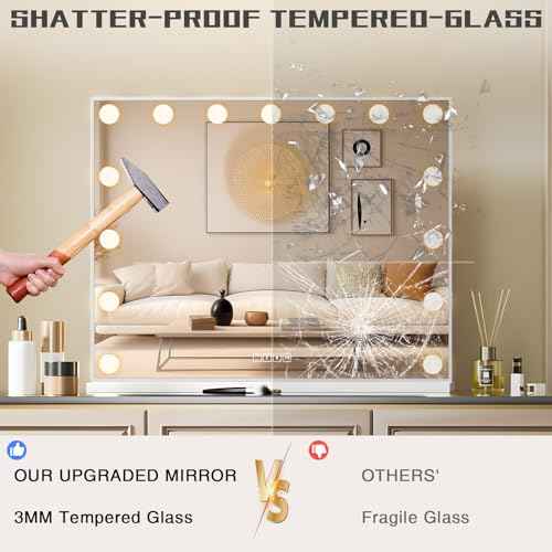 COOLJEEN Vanity Mirror with Lights and Bluetooth, Hollywood Makeup Mirror with 15 Dimmable LED Bulbs and USB Charging, 3 Color Modes Lighted Vanity Mirror, Tabletop/Wall-Mount (Shatterproof Glass)