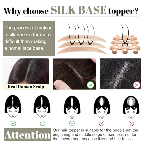 SEGO Hair Toppers for Women With Bangs Real Human Hair, 130% Density 10 * 12CM Silk Base Clip in Top Wiglet Hairpieces for Thinning Hair-6 Inch 4P27 Medium Brown&Dark Blonde
