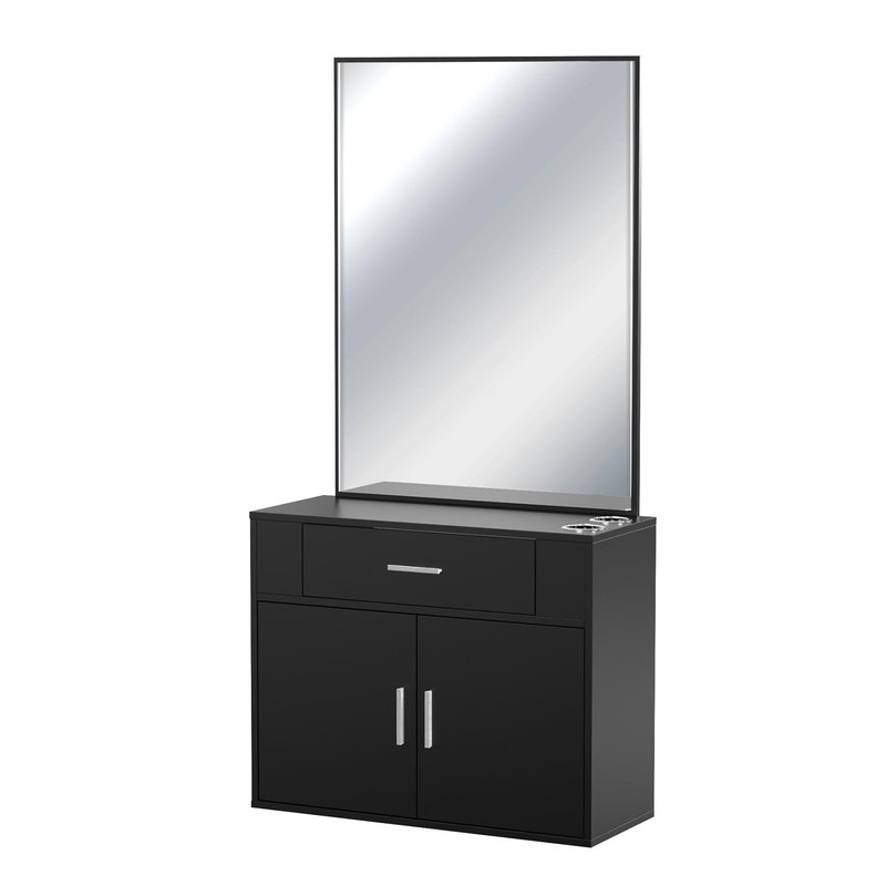OmySalon Wall Mount Salon Station with Mirror, Hair Styling Barber Station, Beauty Salon Spa Equipment with 1 Drawer, 1 Storage Cabinet, 2 Hair Dryer Holders, Black