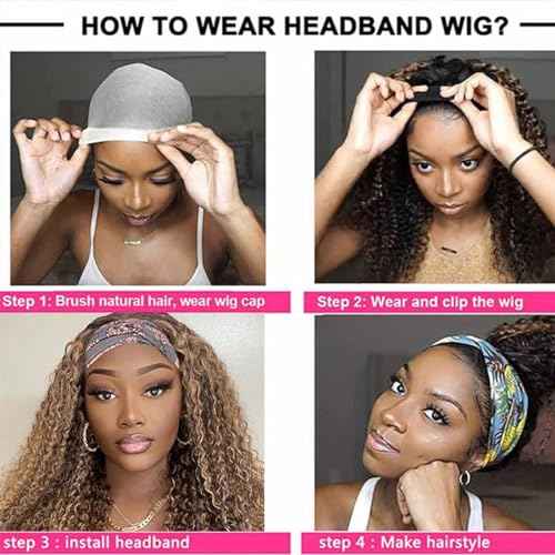 Ombre Highlight Headband Wig Human Hair #4/27 Colored Kinky Curly Headband Wig for Black Women Glueless None Lace Front Human Hair Wigs Brazilian Virgin Hair Wear and Go Wigs 150% Density 20 Inch
