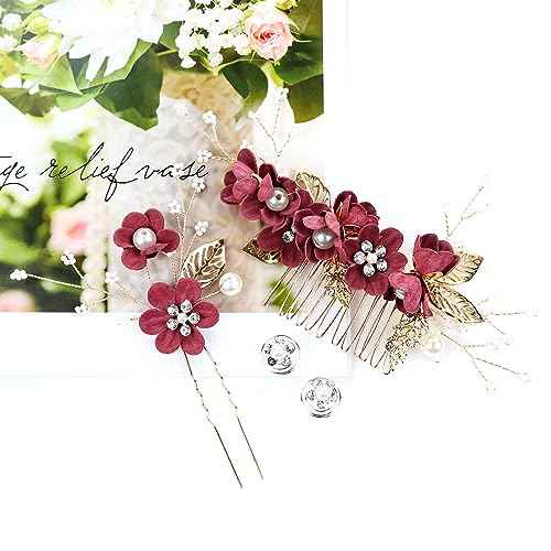 Cinaci 18 Pieces Bridal Wedding Party Prom Pearl Rhinestone Burgundy Flower Hair Side Combs Slides+U-shaped Flower Hair Pins+Twist Spiral Hairpins Floral Headpieces for Brides Bridesmaids Women Girls