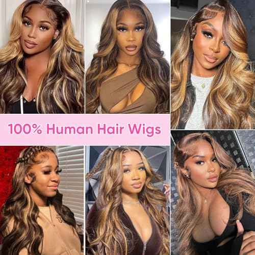 Honey Blonde Ombre 13x6 Lace Front Wig Human Hair 210 Density Highlight Body Wave Lace Front Wigs Human Hair Pre Plucked Glueless Lace Frontal Wig for Women 4/27 Colored 26Inch