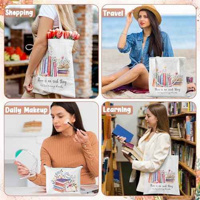 Y1tvei Aesthetic Canvas Tote Bag - 2Pcs Colorful Reading Canvas Cosmetic Bag Set There Is No Such Thing As Too Many Books Tote Bag Makeup Reusable Grocery Bags Black to School Gift for Women Girls