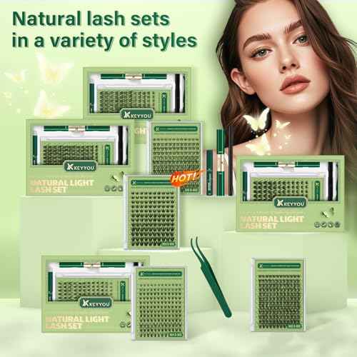 KEYYOU Natural Lash Clusters Kit 144Pcs DIY Lash Extension Kit Wispy Eyelash Extensions Kit D Curl 8-18MIX with Bond and Seal and tweezers with Thin Lash Band(KIT-N03-D-8-18MIX)