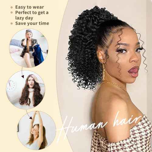 isheeny Natural Black Drawstring Ponytail 100% Human Hair Extension for Black Women 18Inch Voluminous Curly Style