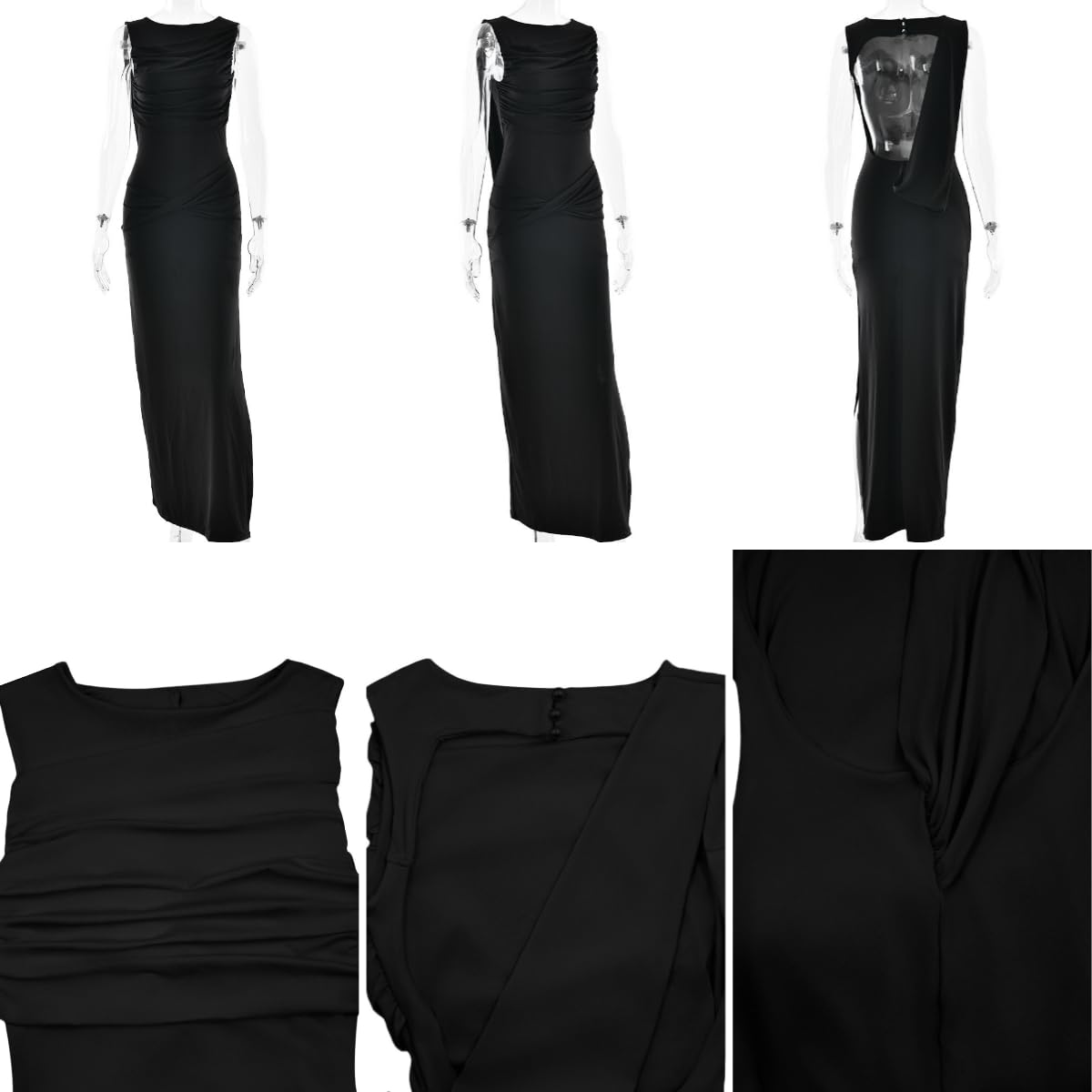 Women's Elegant Backless Ruched Maxi Tank Dress Sleeveless Thigh High Split Bodycon Party Cocktail Evening Long Dresses Black