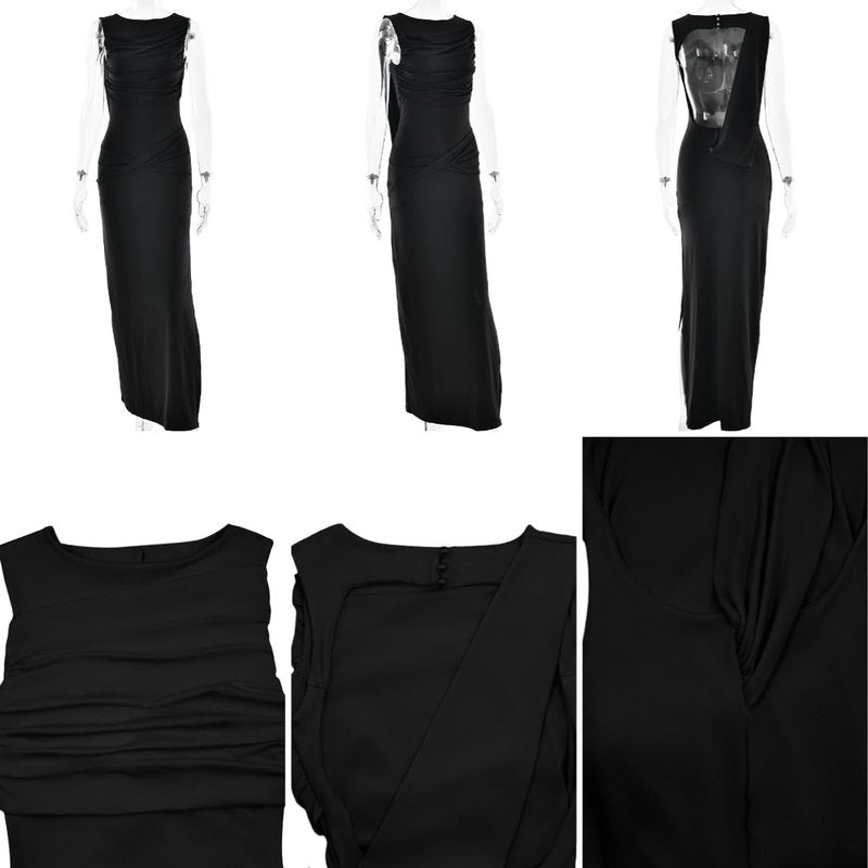 Women's Elegant Backless Ruched Maxi Tank Dress Sleeveless Thigh High Split Bodycon Party Cocktail Evening Long Dresses Black
