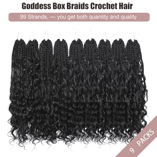9 Packs Boho Box Braids Crochet Hair 14 Inch Pure Protein Fiber Similar to Human Hair Goddess Box Braids Crochet Hair With Curly Ends Pre Looped Bohemian Braid Hair Extension For Women(14 Inch, 1B)