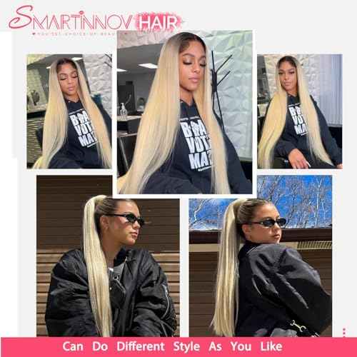 Smartinnov Ombre Blonde Lace Front Wig 13x4 HD Transparent Human Hair 16 Inch with Natural Black Root Pre Plucked with Baby Hair 150% Density Lace Frontal Wigs Bleached Knots for Women